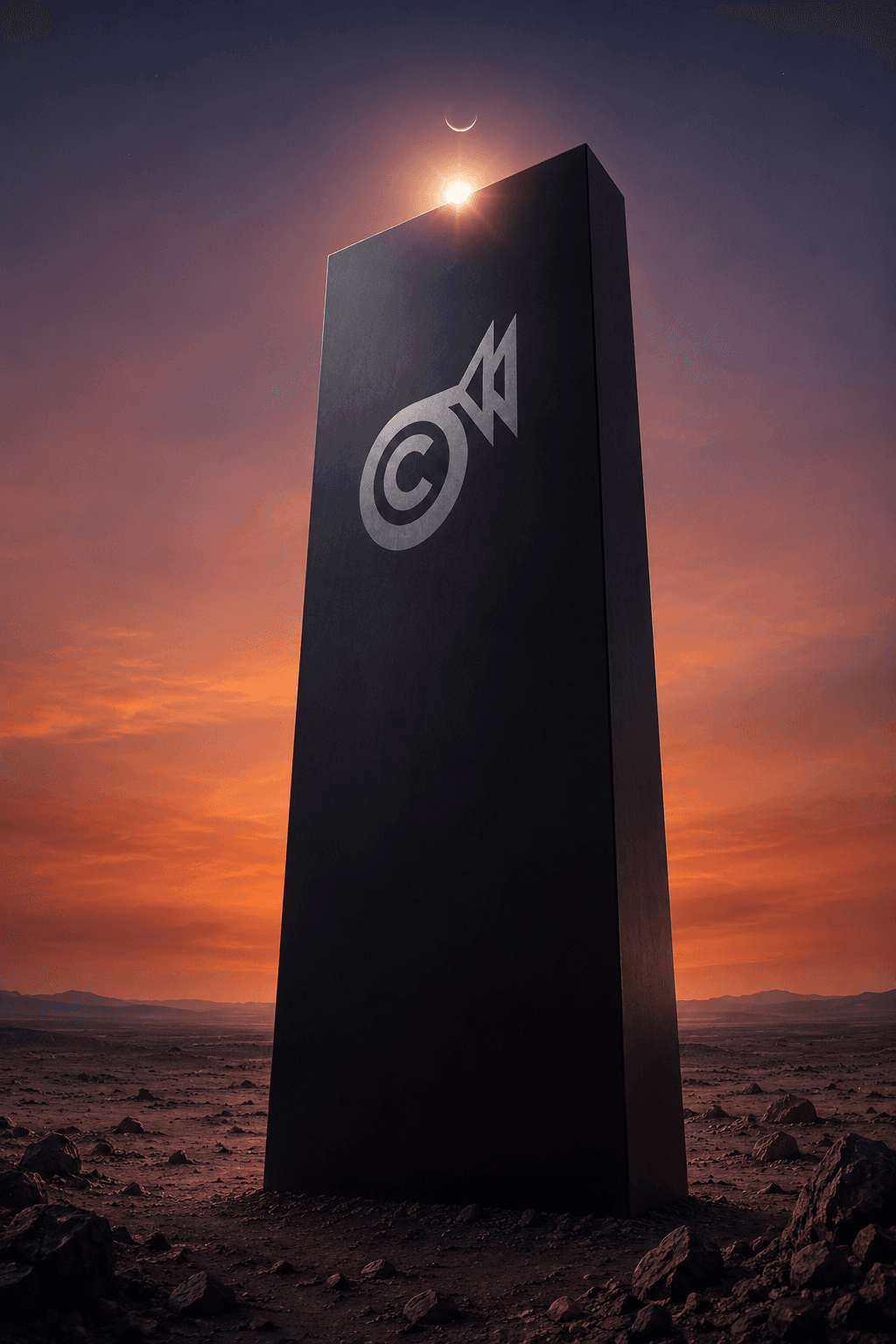 A black monolith standing on a rocky planet at sunset